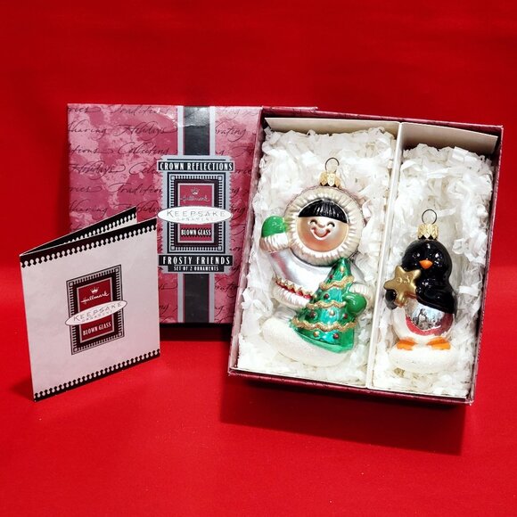 Hallmark Blown Glass Frosty Friends Set of 2 Ornaments 1998  Eskimo & Penguin Ch - Picture 1 of 12